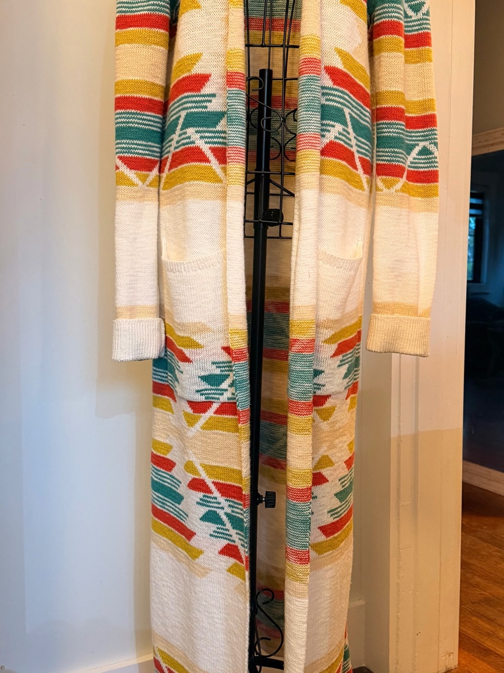 Pendleton knit cream Long Tribal Open-Front Cardigan with Multicolor stripes - Picture 3 of 5